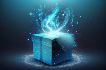 Blue gift box with magical lights made with Generative AI