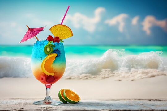 Refreshing Summer Cocktail on White Sandy Beach. Generative AI.