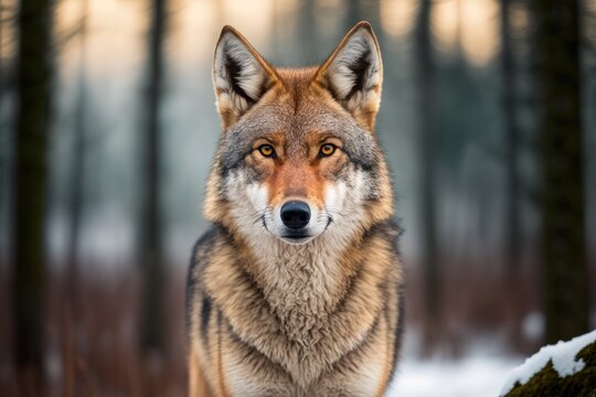 In winter, a close up horizontal portrait of a Eurasian wolf (Canis lupus) looking straight at the camera while a forest in the background is blurred. East Europe. Generative AI