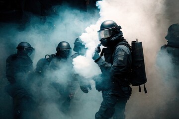 Obraz premium Riot Police Tear Gas Smoke.generative ai
