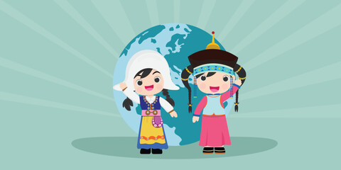 ntional children Sweden and Singapore of different races and colors holding hands and  on the globe, the planet. vector illustration
