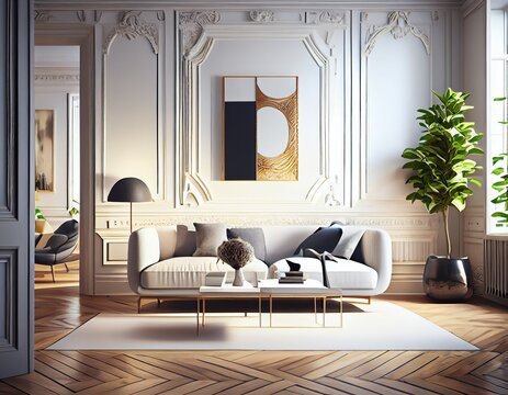 Elegant Parisian style living room with hight ceilings and parquet floor, generative ai