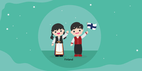 Naklejka premium Finland in national dress with a flag. Man and woman in traditional costume in earth and map.vector illustartion