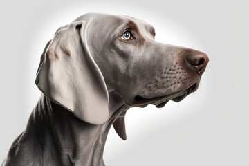 Weimaraner dog close up portrait in profile on white gradient background. Generative AI
