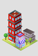 three 3d buildings vector illustration