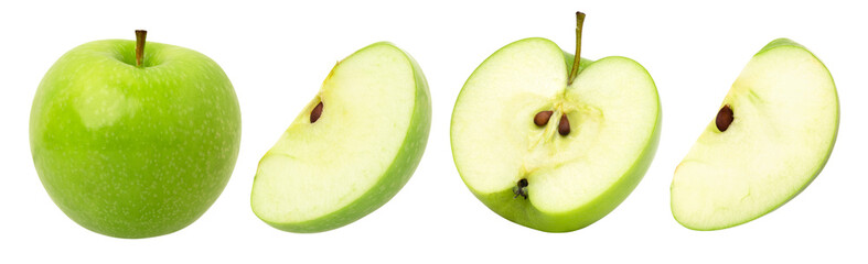 green apple, half and slice isolated, transparent png, collection, PNG format, cut out