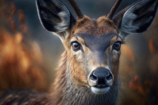 The beautiful close up picture of a brown deer looking straight at the camera. Generative AI