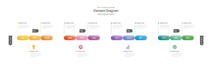 Infographic template for business. 12 Months modern Timeline element diagram calendar, 4 quarter steps milestone presentation vector infographic.