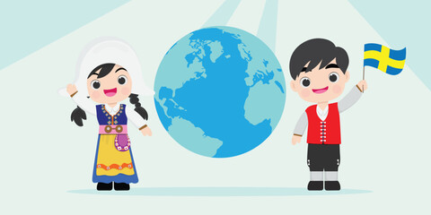 Kid ntional children Sweden of different races and colors holding hands and on the globe, the planet. vector illustration