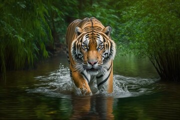 Amur tiger walking in river water. Dangerous animal in tajga, Russia. Animal in a stream in a green forest. Generative AI - obrazy, fototapety, plakaty