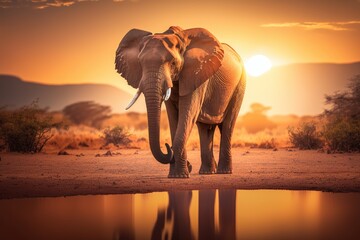 Fototapeta na wymiar Elephants in savannah African wildlife on sunset background, Africa day. Created Generative Ai