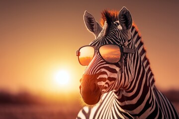 Zebra in savannah African wildlife on sunset background, Africa day. Created Generative Ai