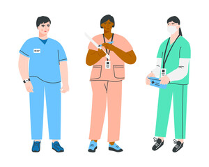 Group of nurses isolated on a white background. Hospital worker. Medical staff in uniform. Vector flat illustration