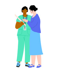 Woman filling docs at clinic with medical staff. Patient standing near nurse and signing hospital document.  Vector flat illustration