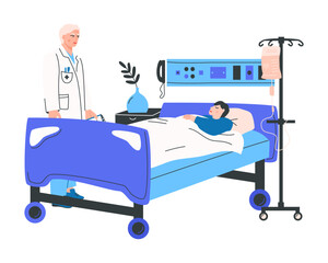 Attending physician visiting a bed patient. Hospitalized man lying in a bed. Sick male patient sleeping in a hospital room. Vector flat illustration