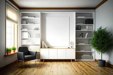 Front view of an office space with a white poster that is blank, a sideboard that has shelves for books and china, and an oak wooden floor. idea of a reading location. a mockup. Generative AI - obrazy, fototapety, plakaty