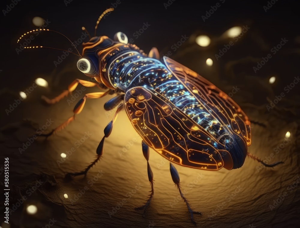 Poster generative ai of a colorful bug on a dark background with lights