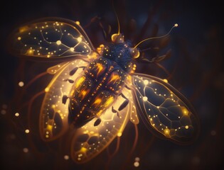 Generative AI illustration of abstract firefly in orange and blue light.