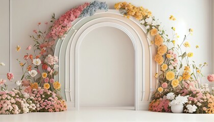 Generative AI of white room with arch and flowers in the wall - obrazy, fototapety, plakaty