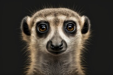 Fototapeta premium Cute meerkat head close up, funny portrait on black background, front view. Generative AI