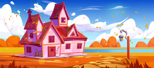 Fototapeta na wymiar Pink rural house on autumn forest glade near lake. Vector cartoon illustration of country cottage building surrounded by bushes, orange grass, blue river, stone footpath, old lantern. Game background