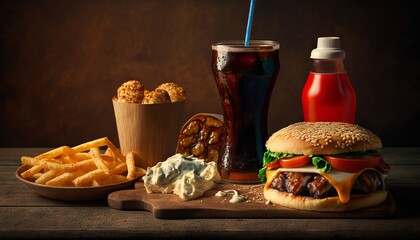 fast food and unhealthy eating concept - close up of fast food snacks and cola drink on wooden table. Generative ai