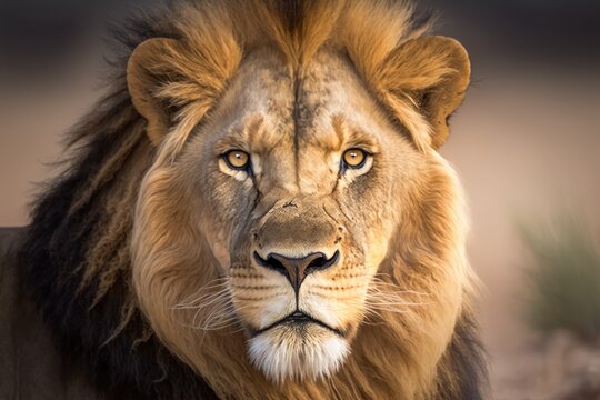 Portrait of the face of a male lion from the Kgalagadi desert in South Africa. Leo the lion. Generative AI