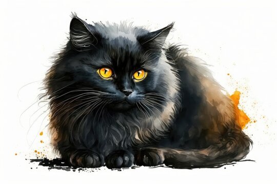 Animal black cat. Painting with watercolors. Funny animal with dark fur that was drawn by hand. A cartoon of a black cat. A Halloween sign. Yellow eyes on a cute, fluffy cat on a white background