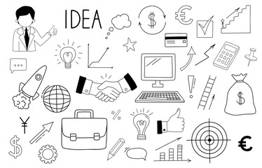 Business doodles set. Businessman shows like. Diagrams, up arrow, computer, target. Outline vector illustration isolated on white background