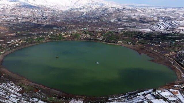 Israel Hermon mountain covered with snow and Ram lake