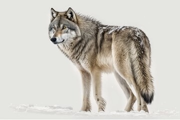 Obraz premium Snow on a gray wolf, set against a white background. Generative AI