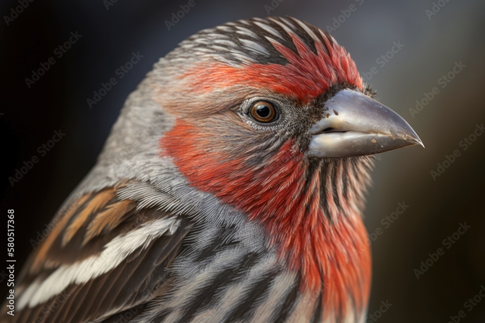 Poster A close up of the face of a male house finch. Its feathers are bright red, with brown and white stripes, and its beak is strong. The bird is perched on the black metal bar in a suburban yard and is lo