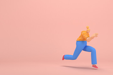 Fototapeta premium The woman with golden hair tied in a bun wearing blue corduroy pants and Orange T-shirt with white stripes. She is doing exercise. 3d rendering of cartoon character in acting.