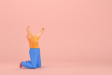 The woman with golden hair tied in a bun wearing blue corduroy pants and Orange T-shirt with white stripes.  She is doing exercise. 3d rendering of cartoon character in acting.