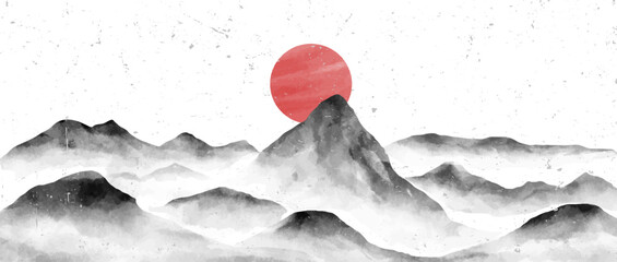 Japanese Mountain landscape watercolor painting illustration. Abstract contemporary aesthetic backgrounds landscapes. with mountains, hill, sun