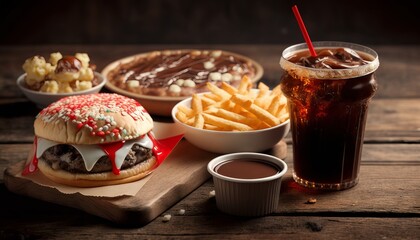 fast food and unhealthy eating concept - close up of fast food snacks and cola drink on wooden table. Generative ai