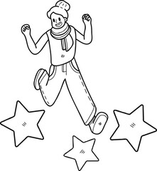 Businesswoman jumping with stars illustration in doodle style