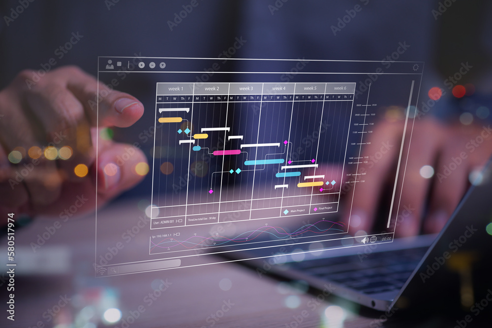 Fototapete Man planning project management schedule on computer virtual screen
