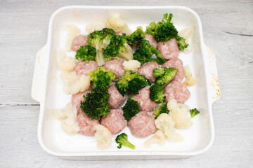 Meat balls and broccoli in a baking dish. Step-by-step recipe. 2 of 3