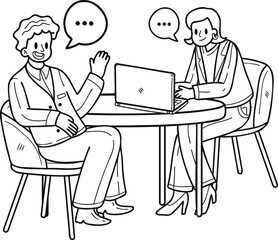 Businesswoman sitting and discussing work on the desk illustration in doodle style