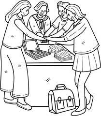 Team of business women working together illustration in doodle style