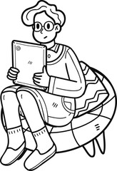 young male businessman sitting at work with a tablet illustration in doodle style