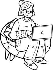 teenage business woman sitting at work with laptop illustration in doodle style
