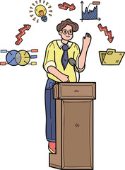 businessman presenting on the podium with confidence illustration in doodle style