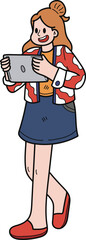 businesswoman planning work with tablet illustration in doodle style