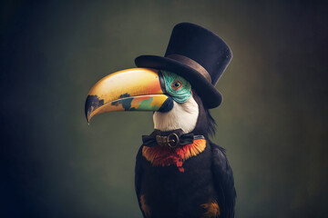 Toucan in top hat and bow tie exudes refinement and sophistication, avian elegance. Generative ai
