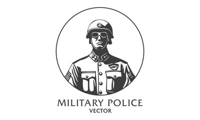 Vector monochrome round logo. Male military police officer in uniform. Sticker, icon or emblem on a white isolated background.