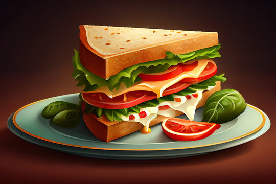 Awesome National sandwich day. A delicious hearty sandwich with cheese, tomato, salad is on a plate. Generative Ai
