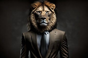 Man dressed as a lion with a suit and tie, The lion person, animal face on a black background. Generative AI