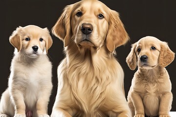 Golden Retriever puppy sitting near adult golden retriever dogs. Senior and little dog. 8 week old puppy. three canines. Generative AI